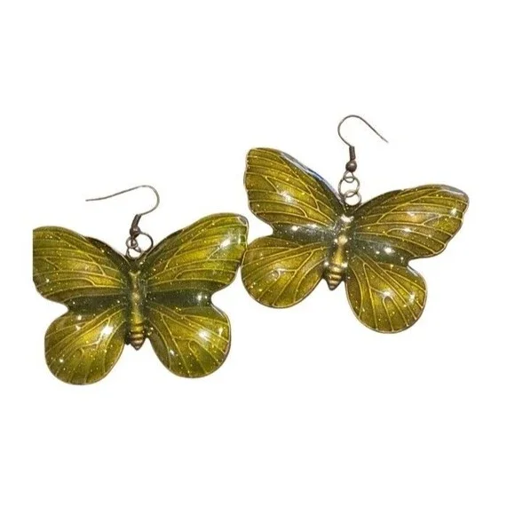 Butterflies Large Statement Moss Green Glitter Enamel Butterfly Pierce Earrings - Picture 6 of 7